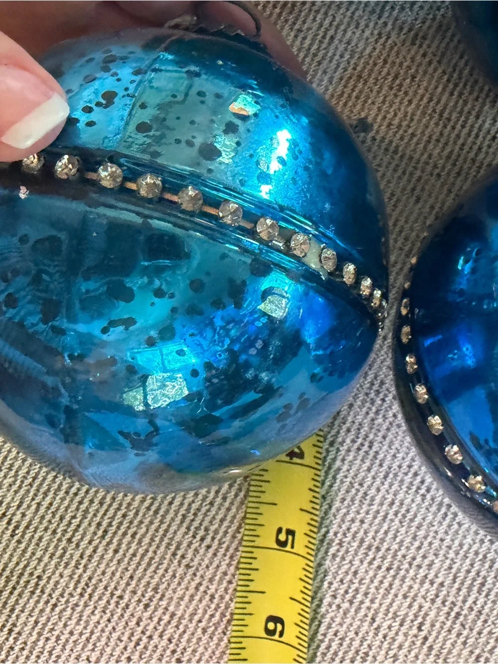 Vtg Blue mercury Glass Holiday Ornaments with Rhinestone Trim